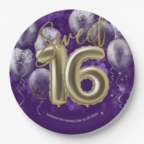 Gold Foil Sweet 16 Birthday Balloons Party Purple Paper Plates