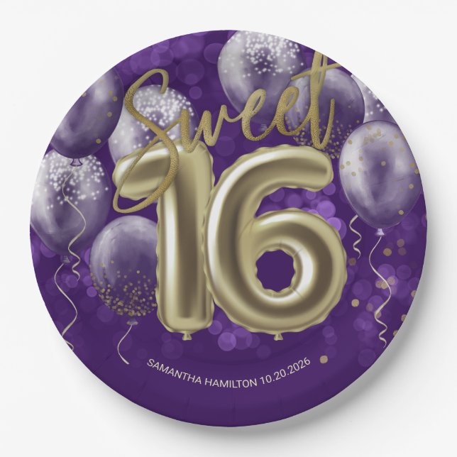Gold Foil Sweet 16 Birthday Balloons Party Purple Paper Plates (Front)