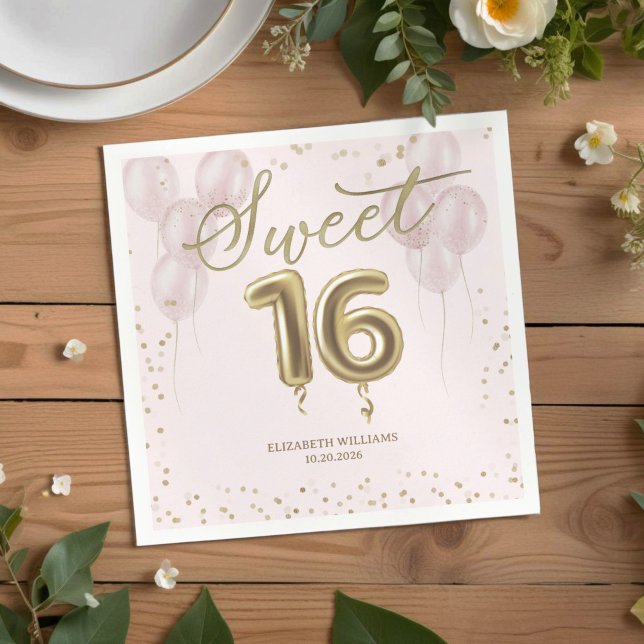 Gold Foil Sweet 16 Birthday Balloons Pink Napkins (Creator Uploaded)