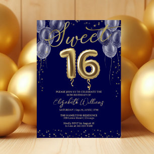Gold Foil Sweet 16 Birthday Balloons Royal Blue Invitation