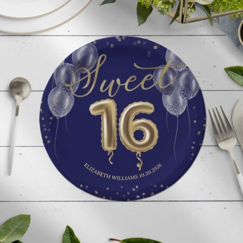 Gold Foil Sweet 16 Birthday Balloons Royal Blue Paper Plates