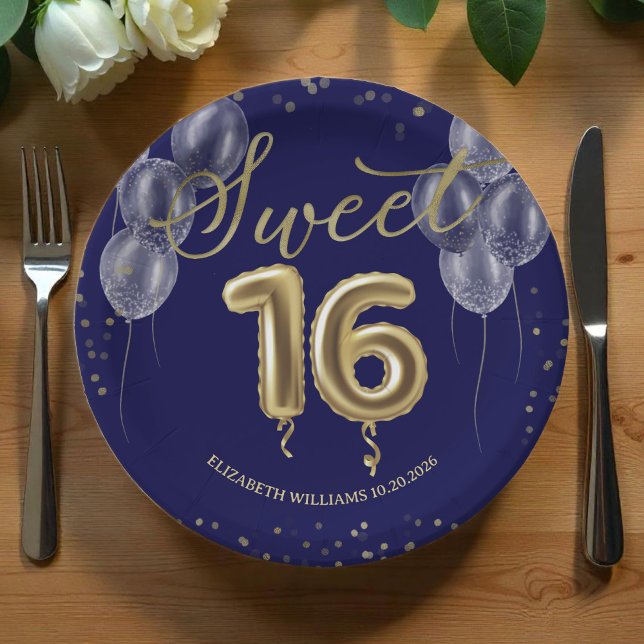 Gold Foil Sweet 16 Birthday Balloons Royal Blue Paper Plates (Creator Uploaded)