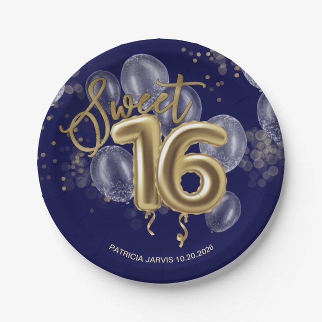 Gold Foil Sweet 16 Birthday Balloons Royal Blue Paper Plates (Front)