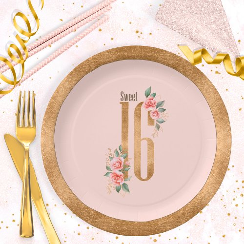 Gold Foil Sweet Sixteen Blush ID756 Paper Plates