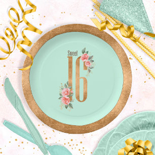 Gold Foil Sweet Sixteen Mint Green ID756 Paper Plates