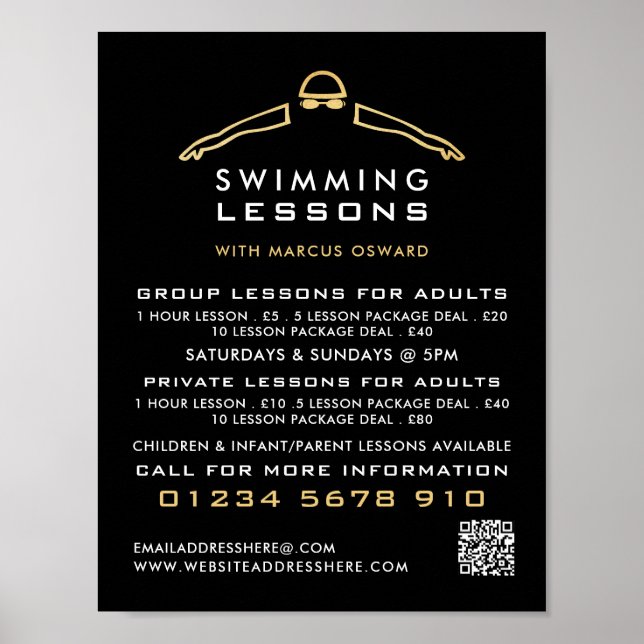 Gold Foil Swimmer Icon, Swimming Lesson Advert Poster (Front)