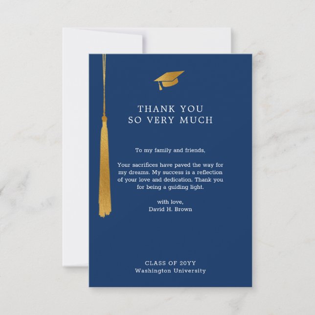 Gold Foil Tassel Simple Formal Blue Graduation Thank You Card (Front)