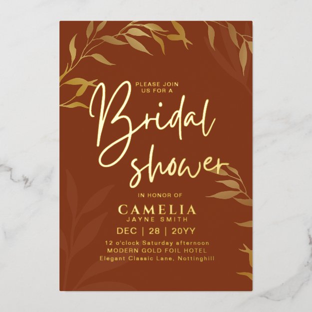 Gold Foil Terracotta Leaves BRIDAL SHOWER QR Code Foil Invitation
