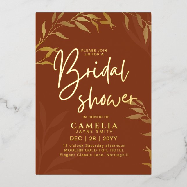 Gold Foil Terracotta Leaves BRIDAL SHOWER QR Code Foil Invitation (Front)