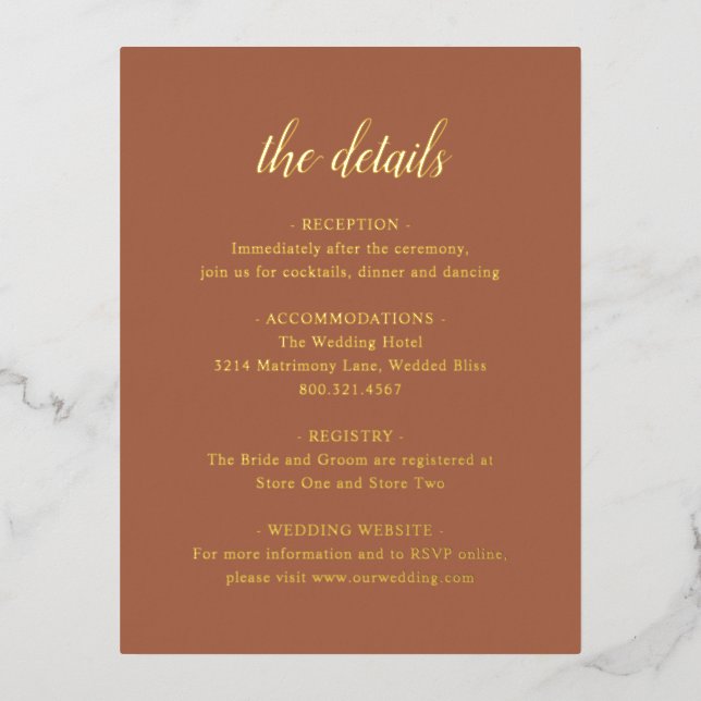 Gold Foil Terracotta Wedding Enclosure Card (Front)