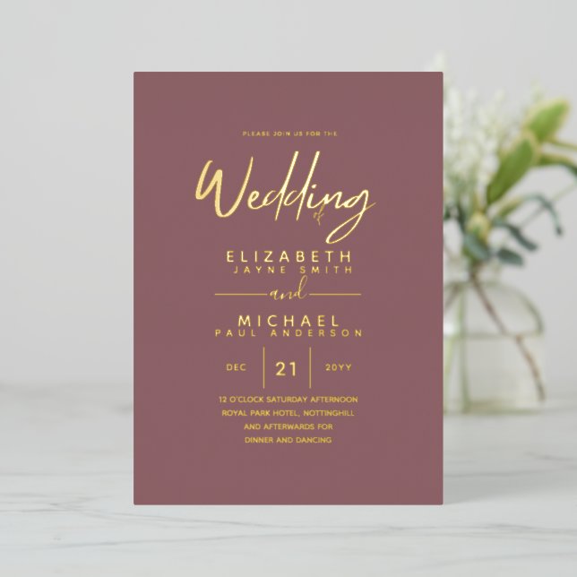 GOLD FOIL Text Dusty Rose Pink Wedding Elegant Foil Invitation (Standing Front)