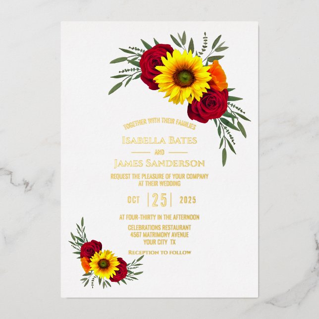 Gold Foil Text Elegant Sunflower Rose Wedding Invitation (Front)