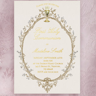gold foil text first communion beige frame foil invitation