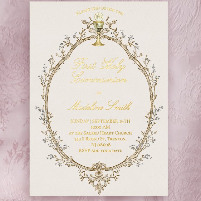 gold foil text first communion beige frame foil invitation (Creator Uploaded)