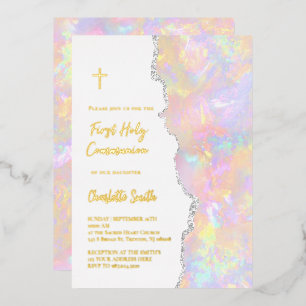gold foil text First Communion Invitation