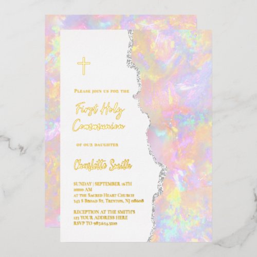 gold foil text  First Communion Invitation