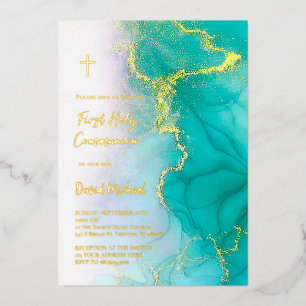 gold foil text First Communion Invitation