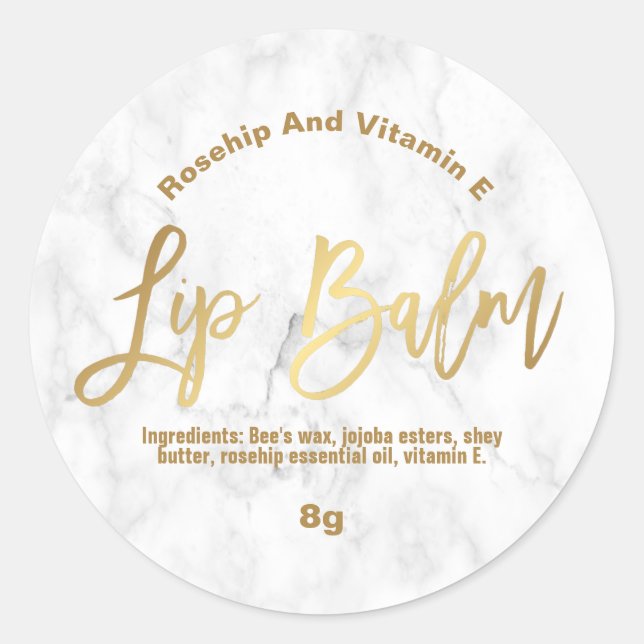 Gold Foil Text On Marble Lip Balm Labels (Front)