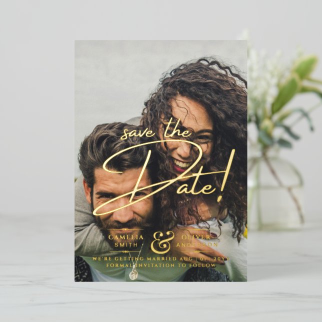 GOLD FOIL Text Photo Overlay Save the Date Modern Invitation (Standing Front)