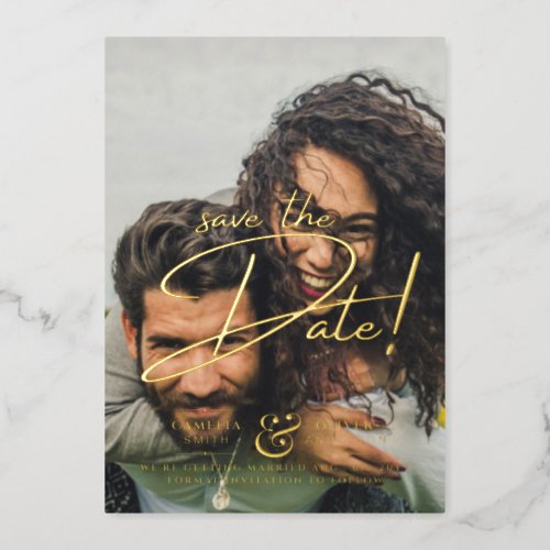 GOLD FOIL Text Photo Overlay Wood Save the Date Foil Invitation