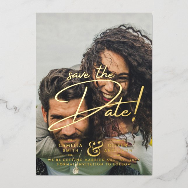 GOLD FOIL Text Photo Overlay Wood Save the Date Invitation (Front)