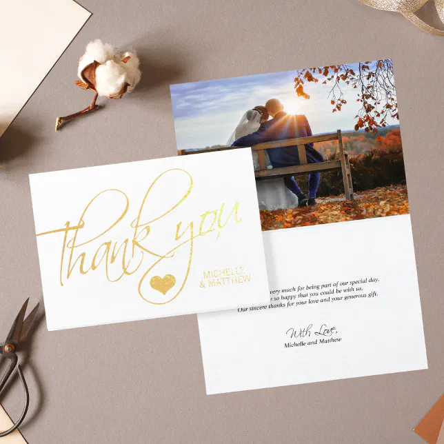 Gold Foil THANK YOU Wedding Heart | PHOTO Card | Zazzle
