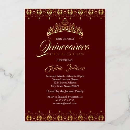 Gold foil Tiara Burgundy Quinceanera Foil Invitation