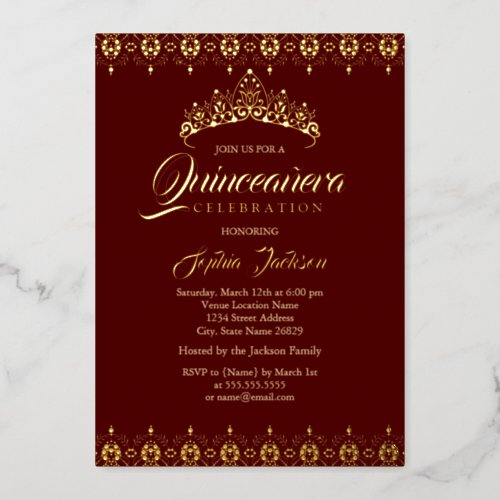 Gold foil Tiara Burgundy Quinceanera Foil Invitation