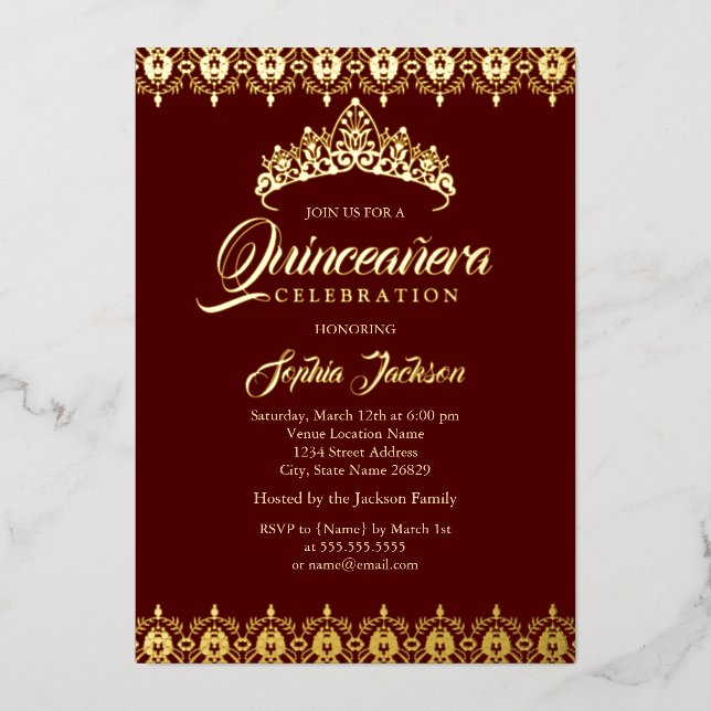 Gold foil Tiara Burgundy Quinceanera Foil Invitation (Front)
