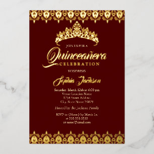 Gold foil Tiara Burgundy Quinceanera Invitation