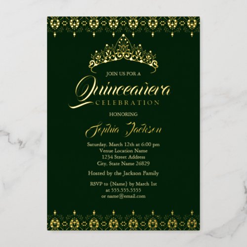 Gold foil Tiara Emerald Quinceanera Foil Invitation