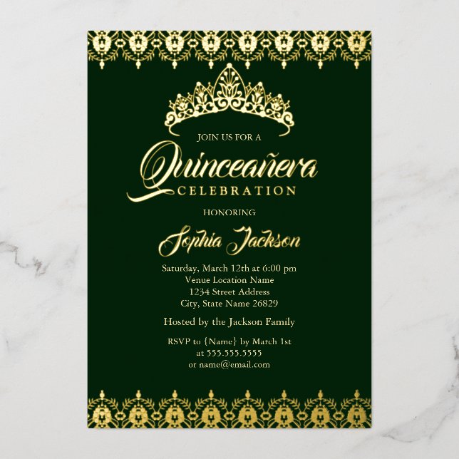 Gold foil Tiara Emerald Quinceanera Foil Invitation (Front)