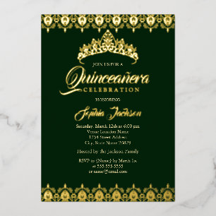 Gold foil Tiara Emerald Quinceanera Invitation