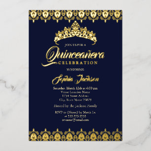 Gold foil Tiara Navy Quinceanera Foil Invitation