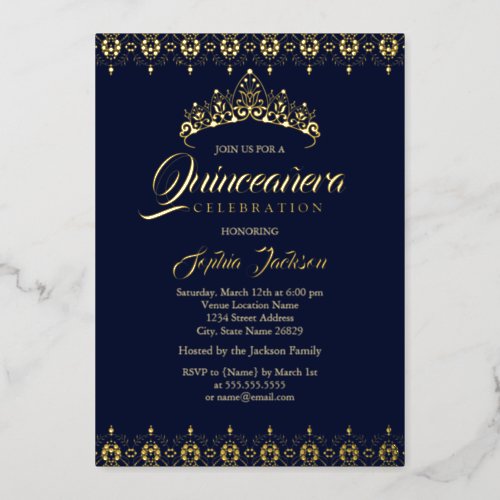 Gold foil Tiara Navy Quinceanera Foil Invitation