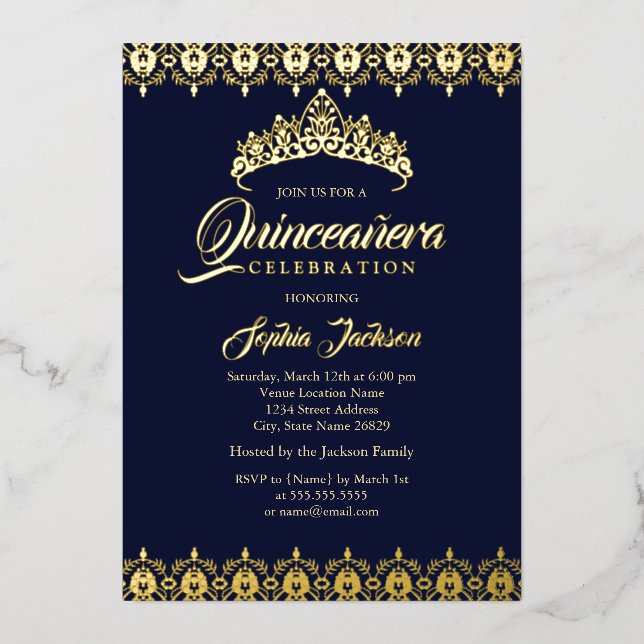 Gold foil Tiara Navy Quinceanera Foil Invitation (Front)