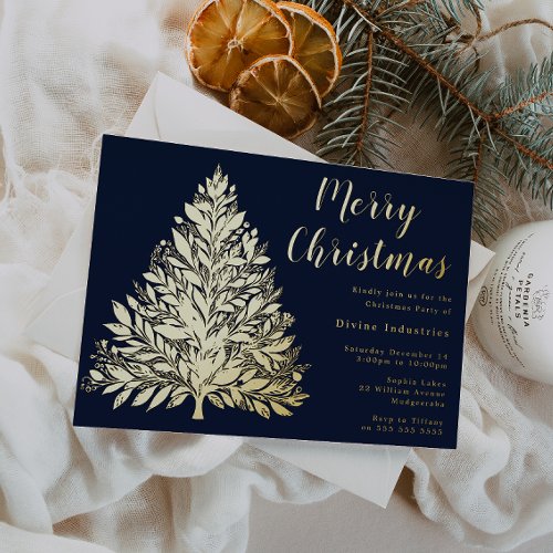 Gold Foil Tree Christmas Party Midnight Navy Foil Invitation