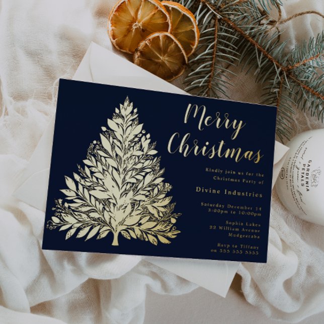 Gold Foil Tree Christmas Party Midnight Navy Invitation (Creator Uploaded)