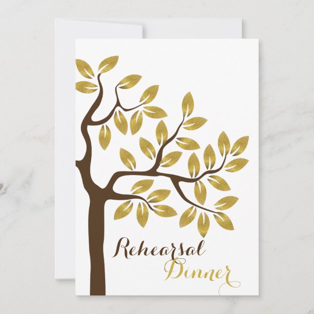Gold foil tree modern rehearsal dinner wedding invitation (Front)