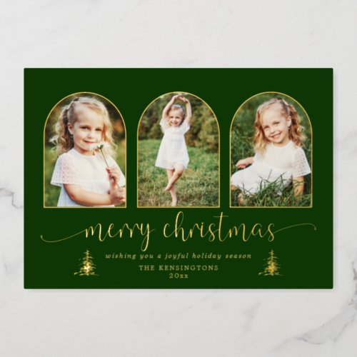 Gold Foil Trees 3 Arch Christmas Photo Foil Holiday Card
