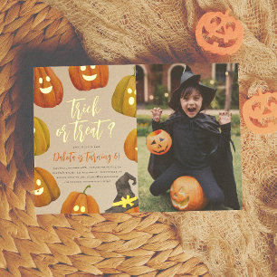 Gold Foil Trick or Treat Pumpkin Photo Birthday Invitation
