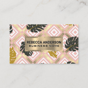 Gold Foil Trim Natural Leaves Pattern Business Card