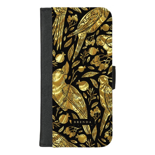 Gold foil tropical birds & flowers pattern iPhone wallet case (Front)