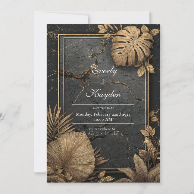 Gold Foil Tropical Black Cracked Marble Wedding Invitation (Front)