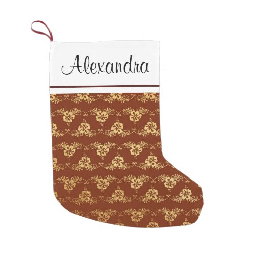 Gold Foil Tropical Flowers and Burgundy Monogram Small Christmas Stocking