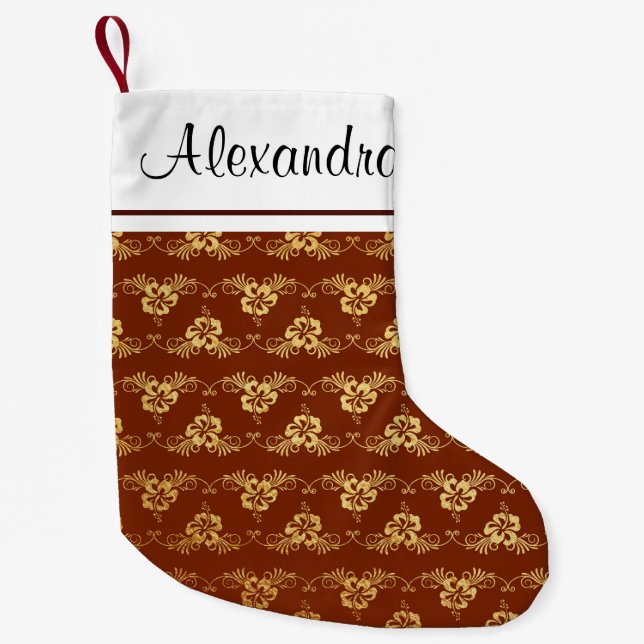 Gold Foil Tropical Flowers and Burgundy Monogram Small Christmas Stocking (Front)