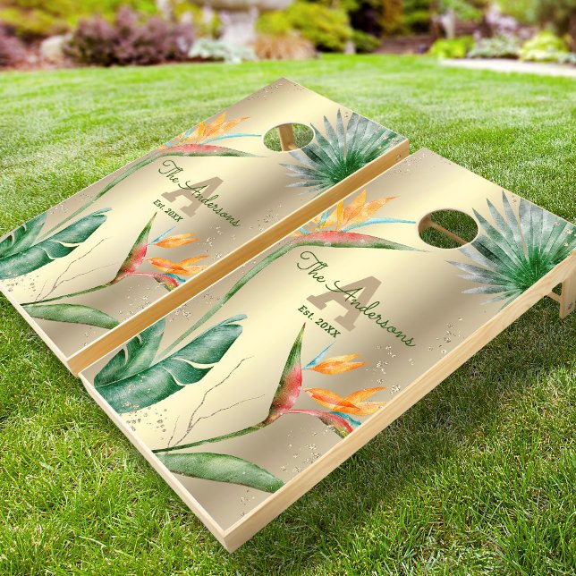 Gold Foil Tropical Island Floral Monogram Script  Cornhole Set (Creator Uploaded)