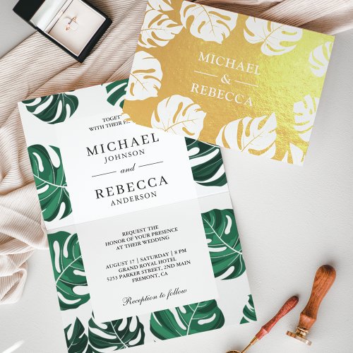 Gold Foil Tropical Monstera Wedding Invitation