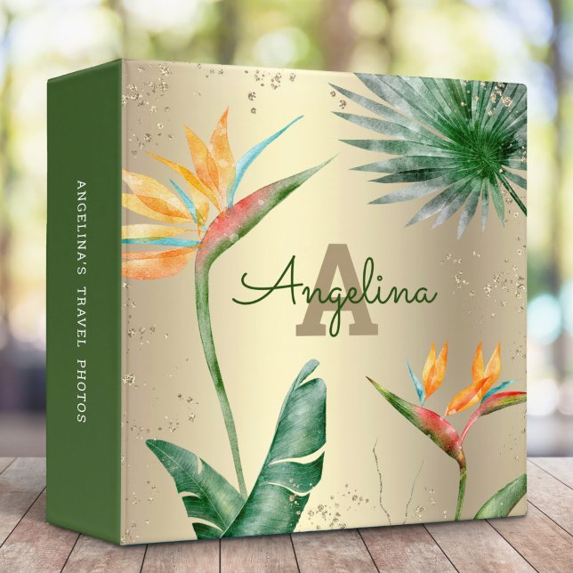 Gold Foil Tropical Palm Monogram Script Modern 3 Ring Binder (Creator Uploaded)