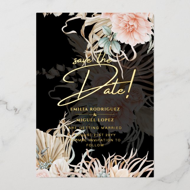 Gold Foil Tropical Pampas Grass Wedding Save Date Foil Invitation (Front)